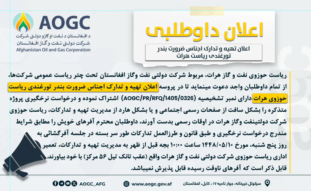 Procurement Notice for Goods Required by the Herat Regional Directorate at Torghundi Port!
