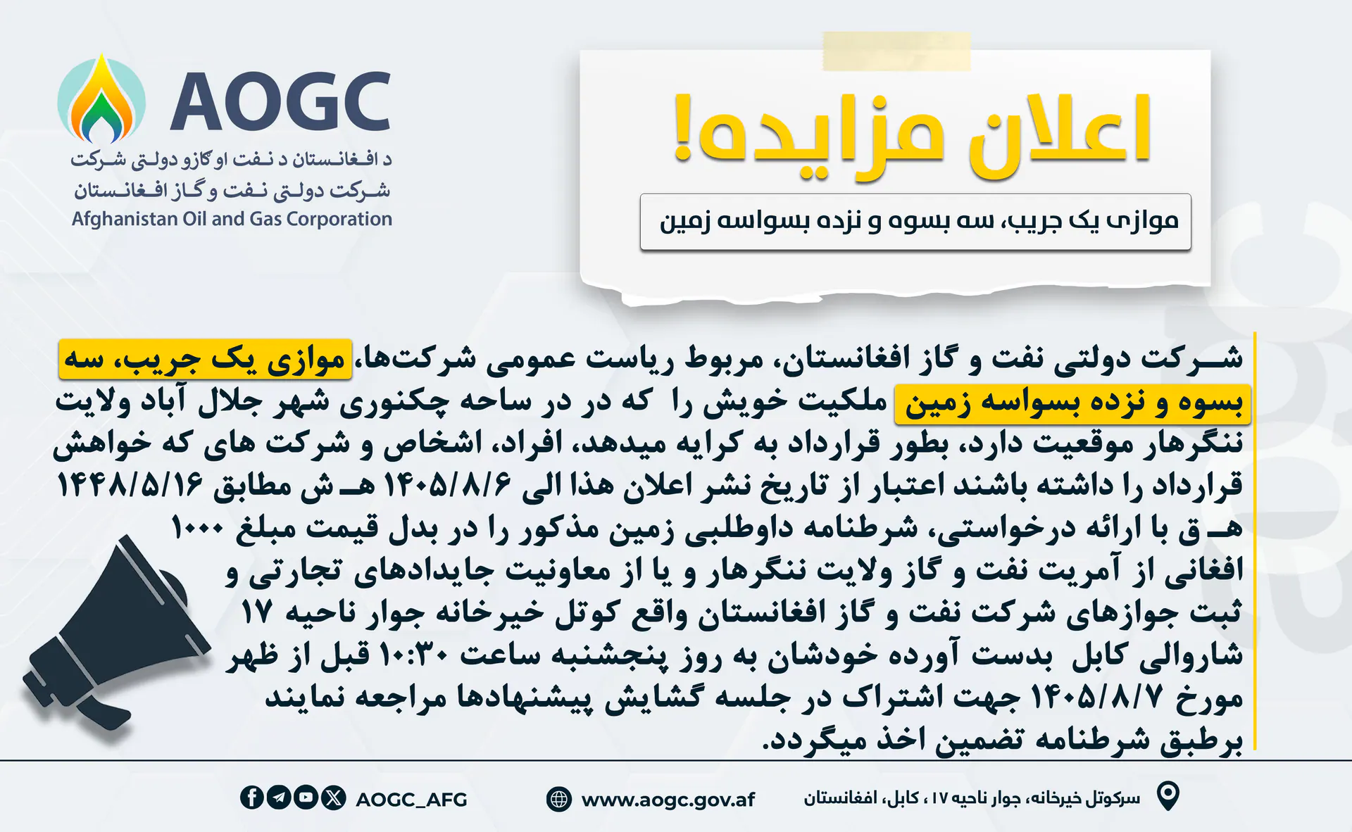 Re-Announcement of the Tender for Leasing One Jerib, Three Biswas and Nineteen Biswasa of Land in the Chaknawri Area, Jalalabad City, Nangarhar Province